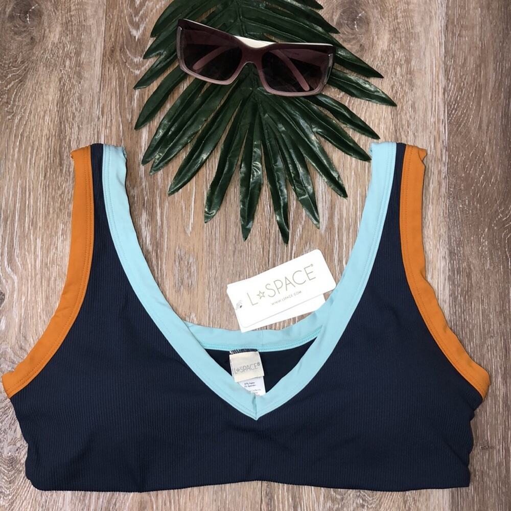 L*Space Lala Ribbed Colorblock Bikini Top in Slate Pool Blue Inca Gold XL NWT - Picture 2 of 6